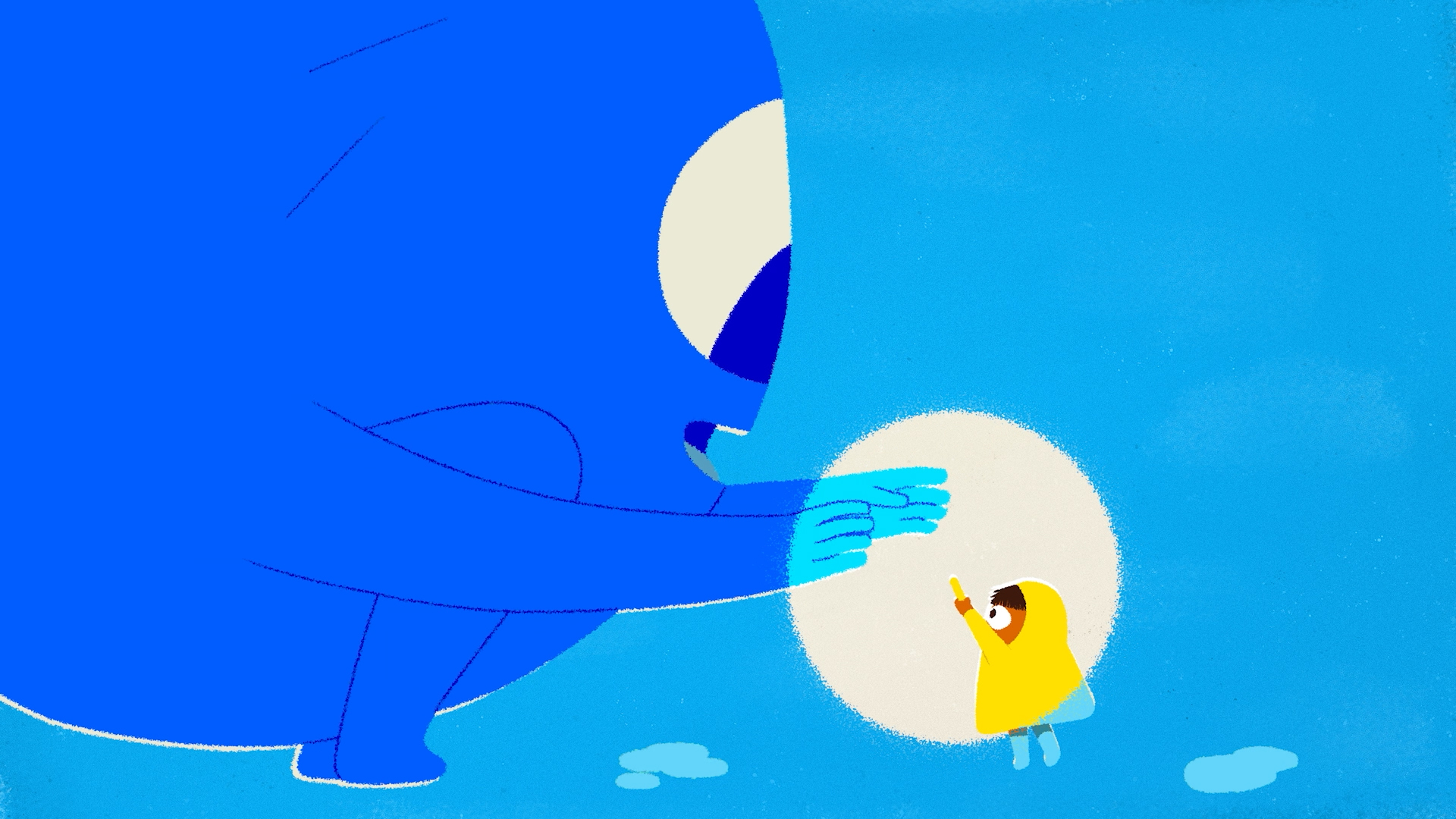 Still image from film with a large blue rock creature greeting a small child
