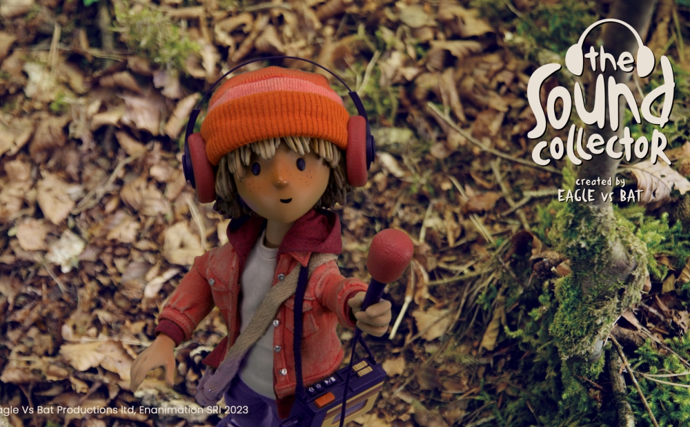animated film still of a youth standing in the woods holding up a microphone