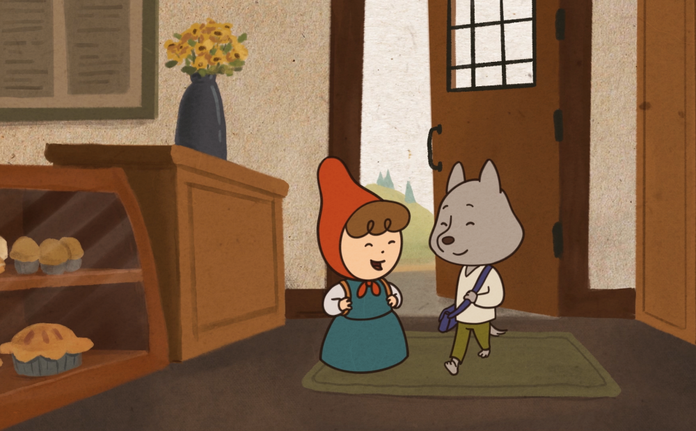 animated film still of a child wearing a red cloak and a child wolf walking into a bakery talking happily together like friends