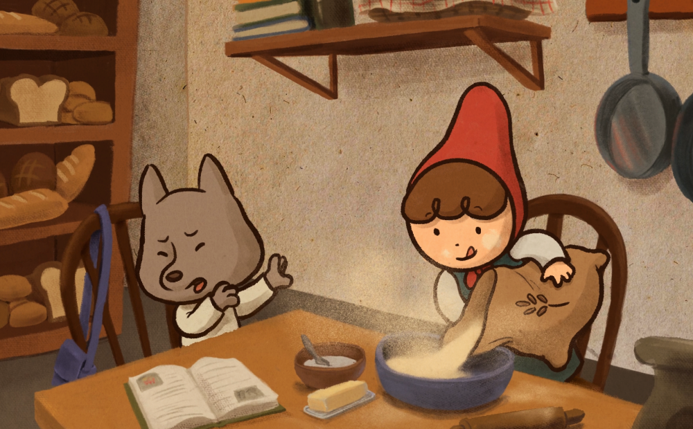 animated still of a child wearing a red cloak and a child wolf baking together