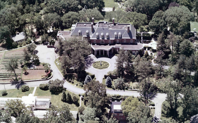 Archival aerial view of Hillwood