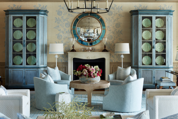 Image of a room with blue accent furniture.