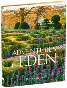 Book cover for Adventures in Eden, featuring rows of hedges and blooming tulips
