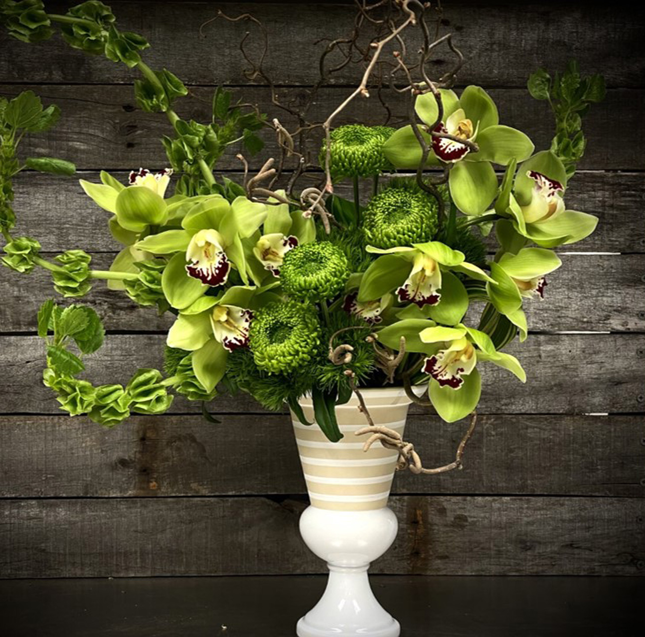 Ami Wilber Floral Design workshop, green orchid dianthus bells of Ireland and mums