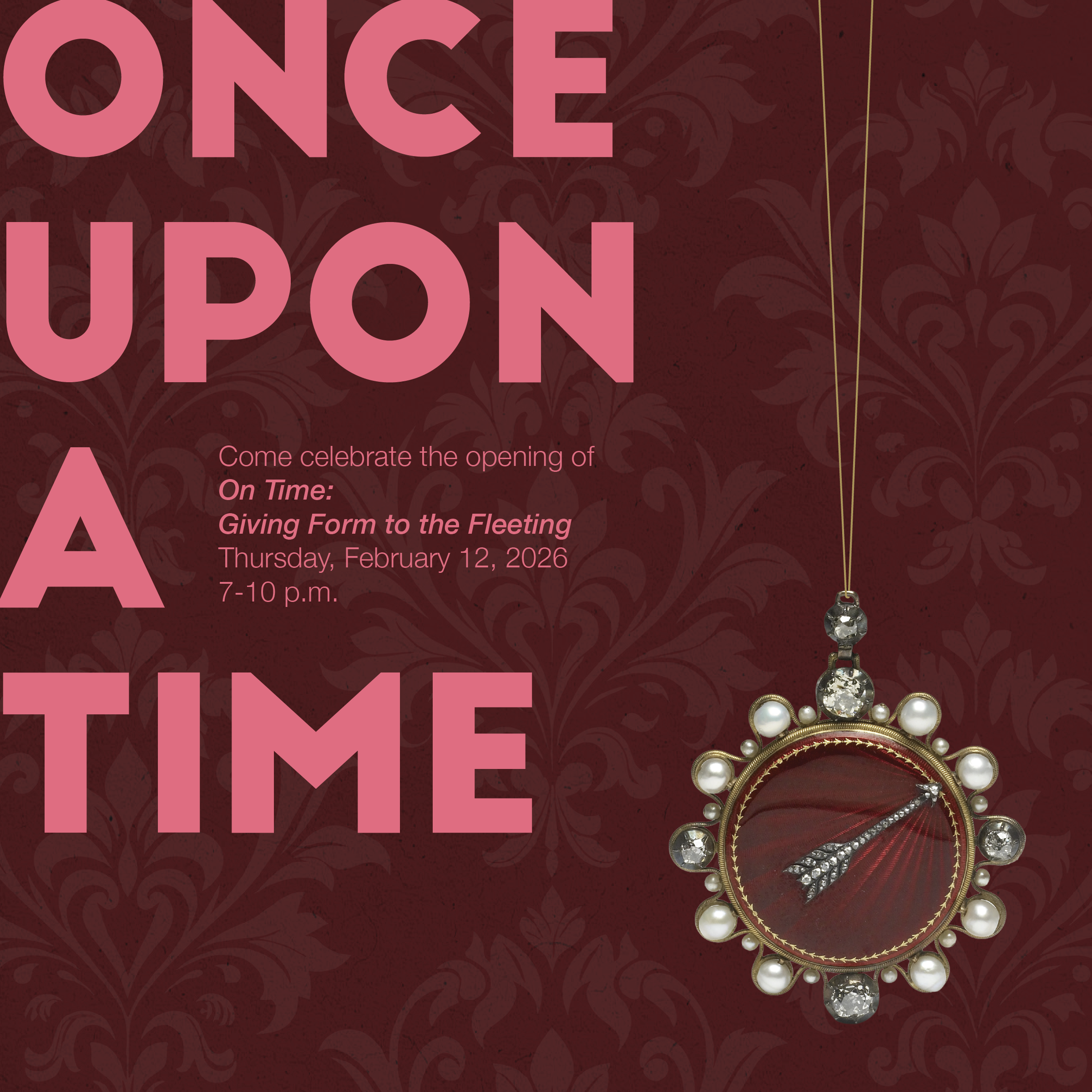 A pink and damask title treatment for the event, Once Upon a Time, featuring a pocket watch object