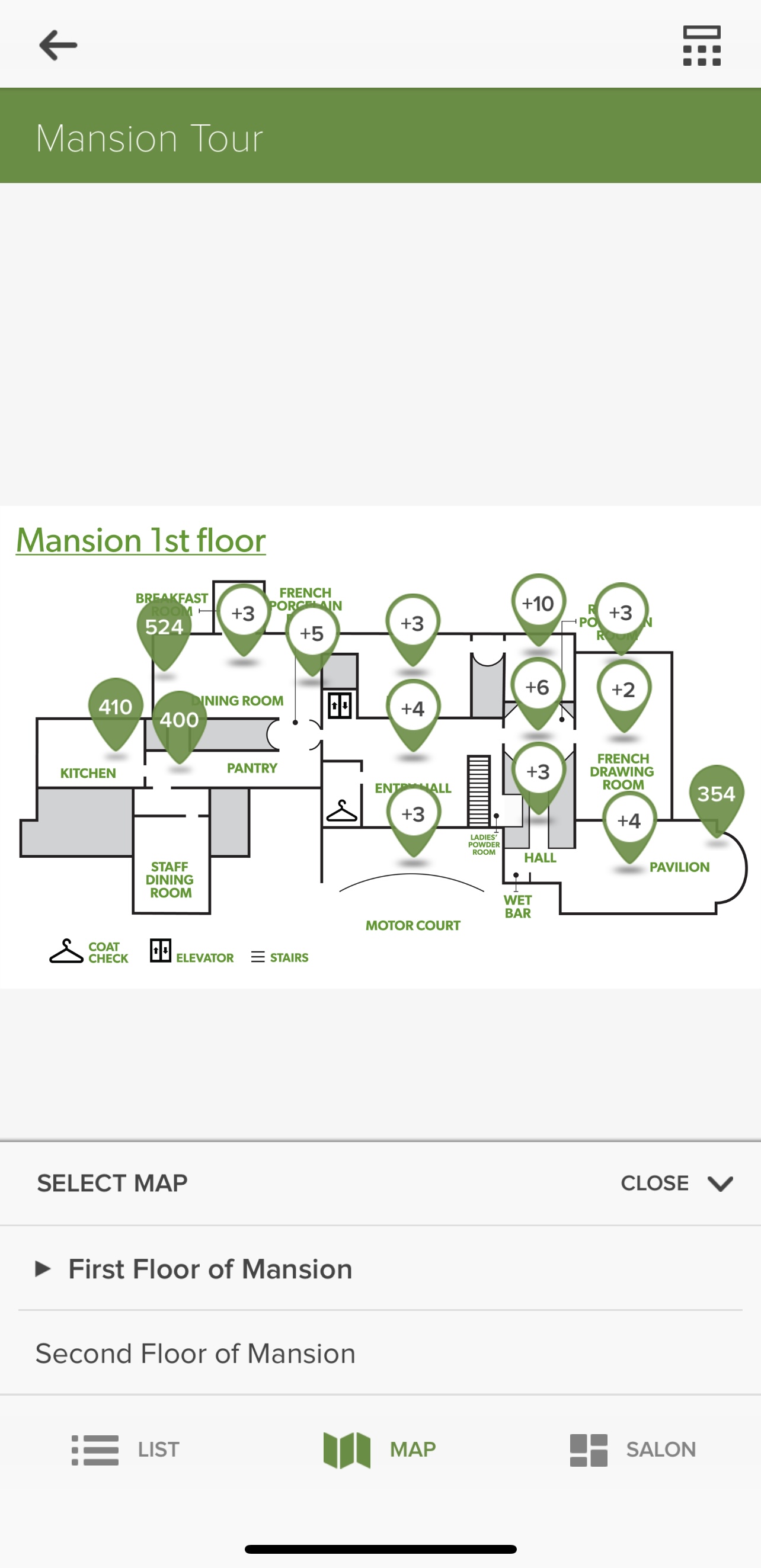 Map view of the audio tour stops