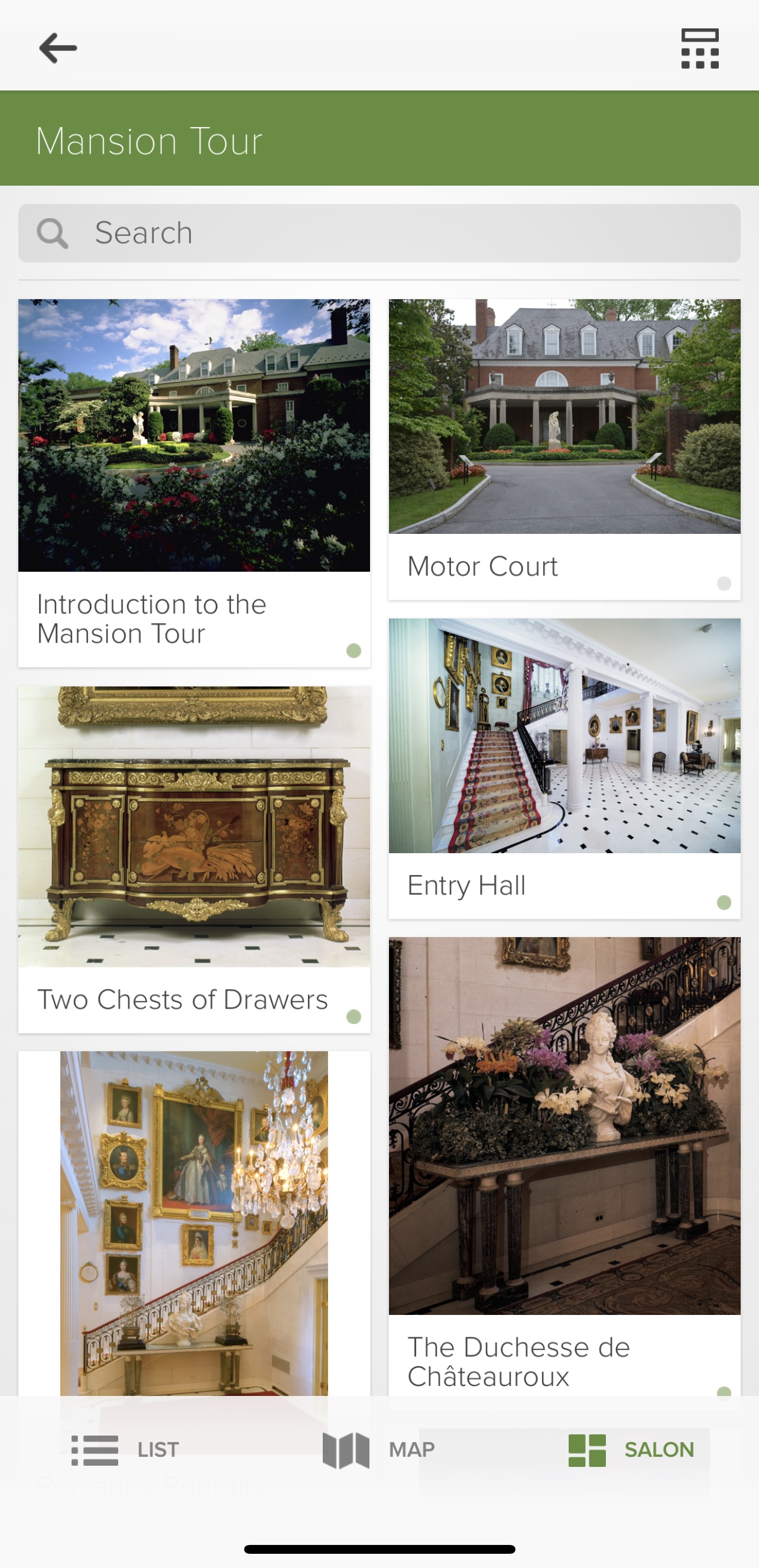 Salon view of the audio tour stops