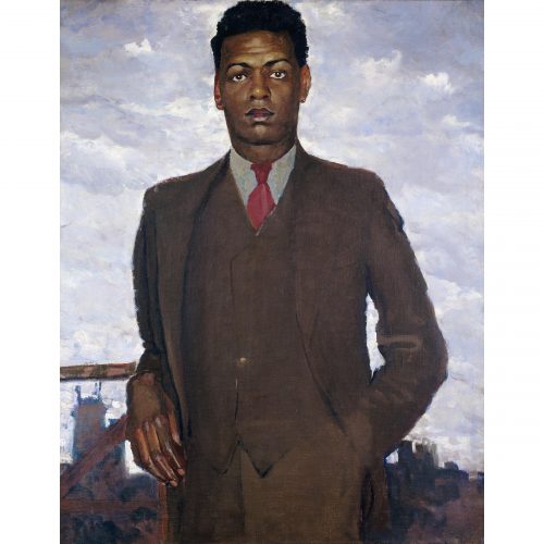 Romantic portrait of a striking African American man against a blue sky with white clouds