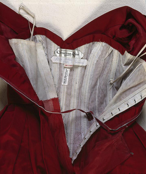 Interior construction of a red, strapless dress by Christian Dior
