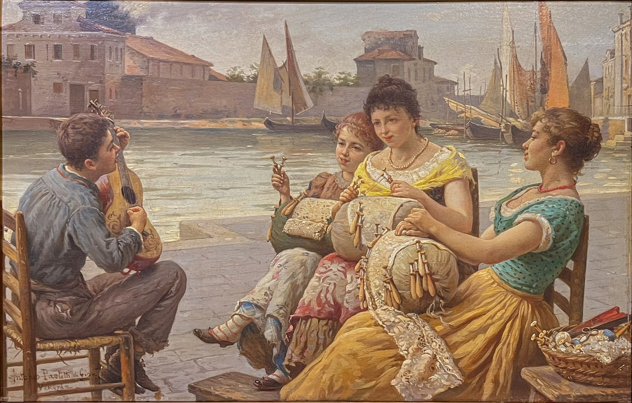Painting of three women making lace while being serenaded by a man playing guitar. 