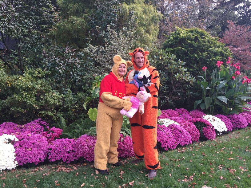 Two people and one dog dressed as Winnie the Pooh characters