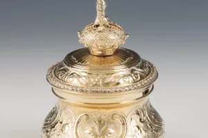 SMALL ROUND BOX WITH LINER AND COVER FROM A DRESSING TABLE SET (ONE OF TWO)