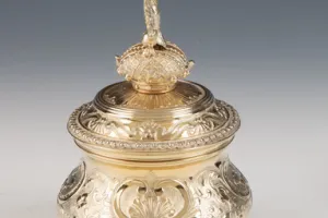 SMALL ROUND BOX WITH LINER AND COVER FROM A DRESSING TABLE SET (ONE OF TWO)