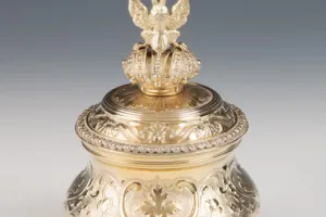SMALL ROUND BOX WITH LINER AND COVER FROM A DRESSING TABLE SET (ONE OF TWO)
