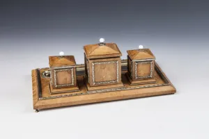 TRAY WITH INKWELL, HOLDER, AND STAMP MOISTENER BOX FROM A DESK SET
