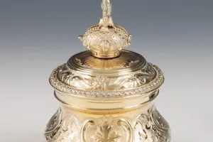SMALL ROUND BOX WITH LINER AND COVER FROM A DRESSING TABLE SET (ONE OF TWO)