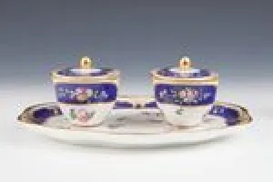 TRAY WITH ATTACHED POTS AND LIDS FROM THE MORGAN SERVICE, ONE OF TWO