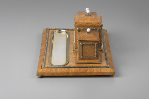 TRAY WITH INKWELL, HOLDER, AND STAMP MOISTENER BOX FROM A DESK SET