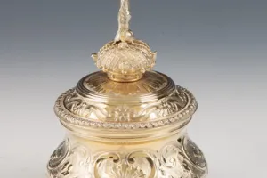 SMALL ROUND BOX WITH LINER AND COVER FROM A DRESSING TABLE SET (ONE OF TWO)