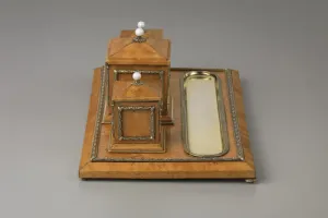 TRAY WITH INKWELL, HOLDER, AND STAMP MOISTENER BOX FROM A DESK SET