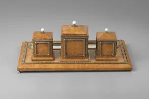 TRAY WITH INKWELL, HOLDER, AND STAMP MOISTENER BOX FROM A DESK SET