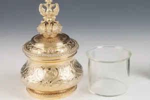 SMALL ROUND BOX WITH LINER AND COVER FROM A DRESSING TABLE SET (ONE OF TWO)