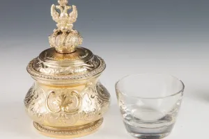 SMALL ROUND BOX WITH LINER AND COVER FROM A DRESSING TABLE SET (ONE OF TWO)