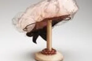 PEACH COLORED TOQUE WITH BROWN LACE