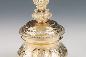 SMALL ROUND BOX WITH LINER AND COVER FROM A DRESSING TABLE SET (ONE OF TWO)