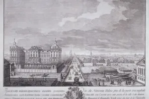 THE LOWER STREET ON THE RIVER NEVA, BETWEEN THE WINTER PALACE OF HER IMPERIAL MAJESTY AND THE ACADEMY OF SCIENCE (PROSPEKT V NIZ PO NEVE REKE MEZHDY ZIMNII EYA IMPERATORSKAGO VELICHESTVA DOMOM I AKADEMIEIU NAUK)
