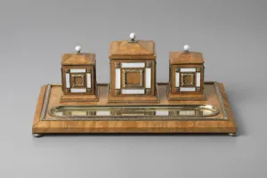 TRAY WITH INKWELL, HOLDER, AND STAMP MOISTENER BOX FROM A DESK SET