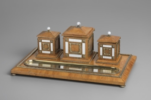 TRAY WITH INKWELL, HOLDER, AND STAMP MOISTENER BOX FROM A DESK SET