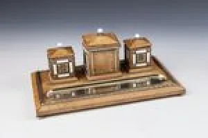 TRAY WITH INKWELL, HOLDER, AND STAMP MOISTENER BOX FROM A DESK SET
