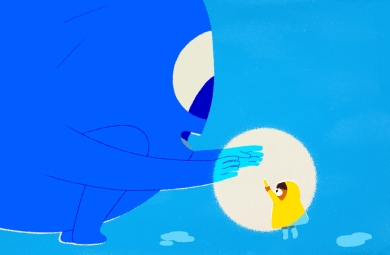 still from animated film with a small child dressed in yellow befriending a large blue creature