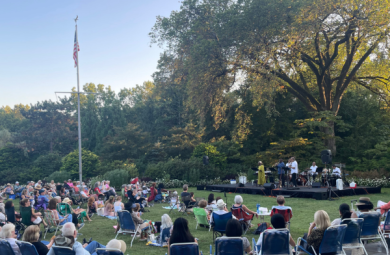 Image of visitors gathered on a large, grassy area watching a jazz concert.