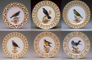 Six plates featuring images of birds. These plates were created by the artist Madame Knip.