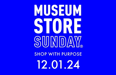 Logo for Museum Store Sunday with white text on a blue background