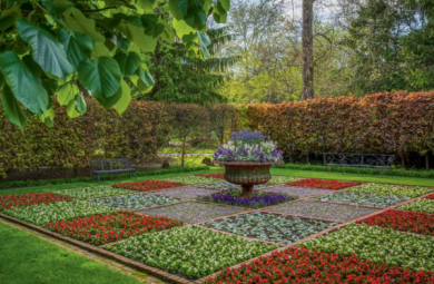 Image from Juday's book "Private Gardens of Philadelphia." The image features a large square garden, displaying different square sections of flowers in varying colors.