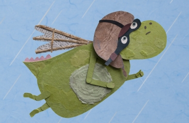 papercut illustration of a green dragon wearing a pilot helmet and goggles, flying across a blue sky