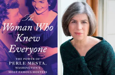 Side-by-side image of the cover of the book "The Woman Who Knew Everyone," and a headshot of the author of this book, Meryl Gordon.