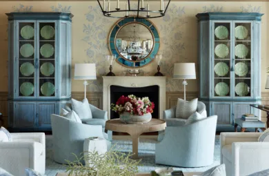 Image of a room with blue accent furniture.
