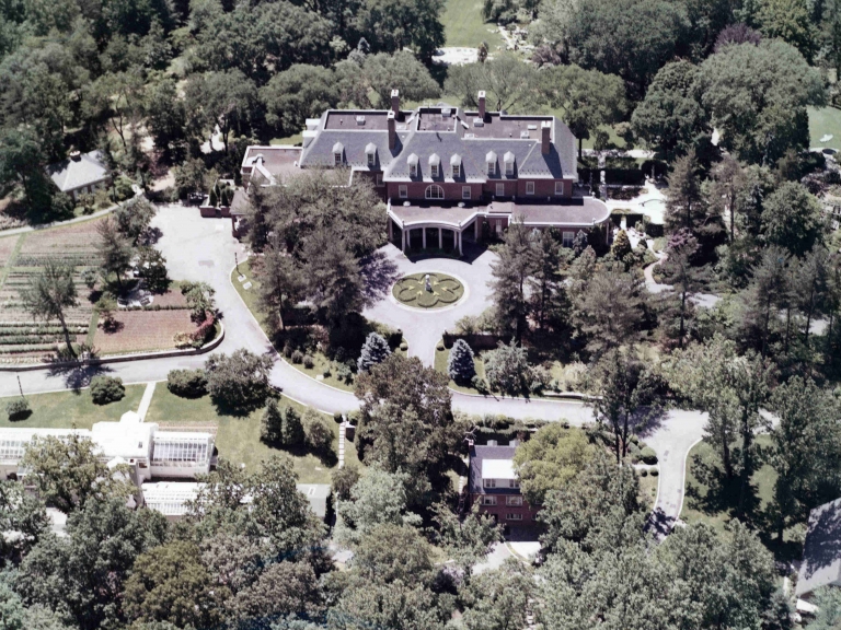 Archival aerial view of Hillwood