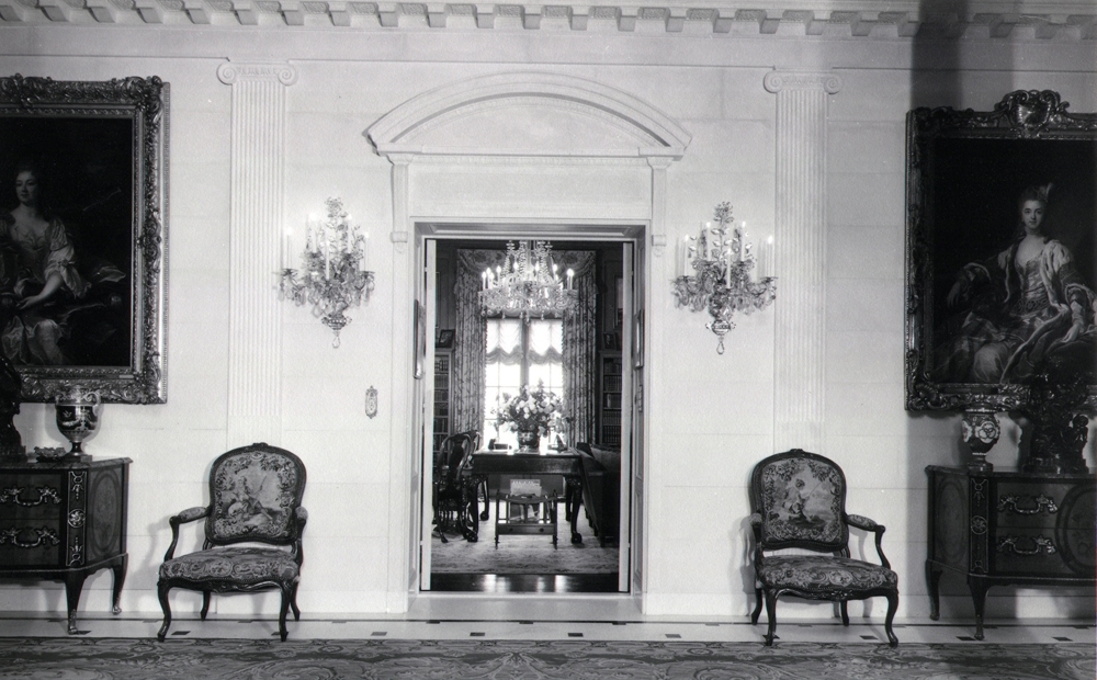 A view of the first floor fibrary from the entry hall in the early 1960s, when Marjorie Post resided at Hillwood