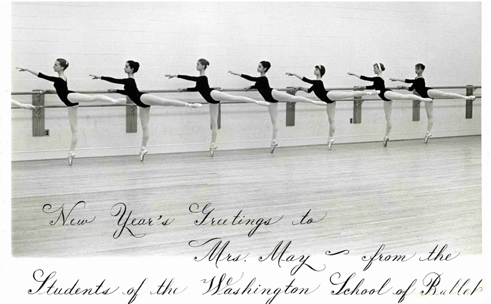 New Years greeting card sent to Marjorie Post May in 1964 from the Washington School of Ballet, featuring seven students standing at the barre