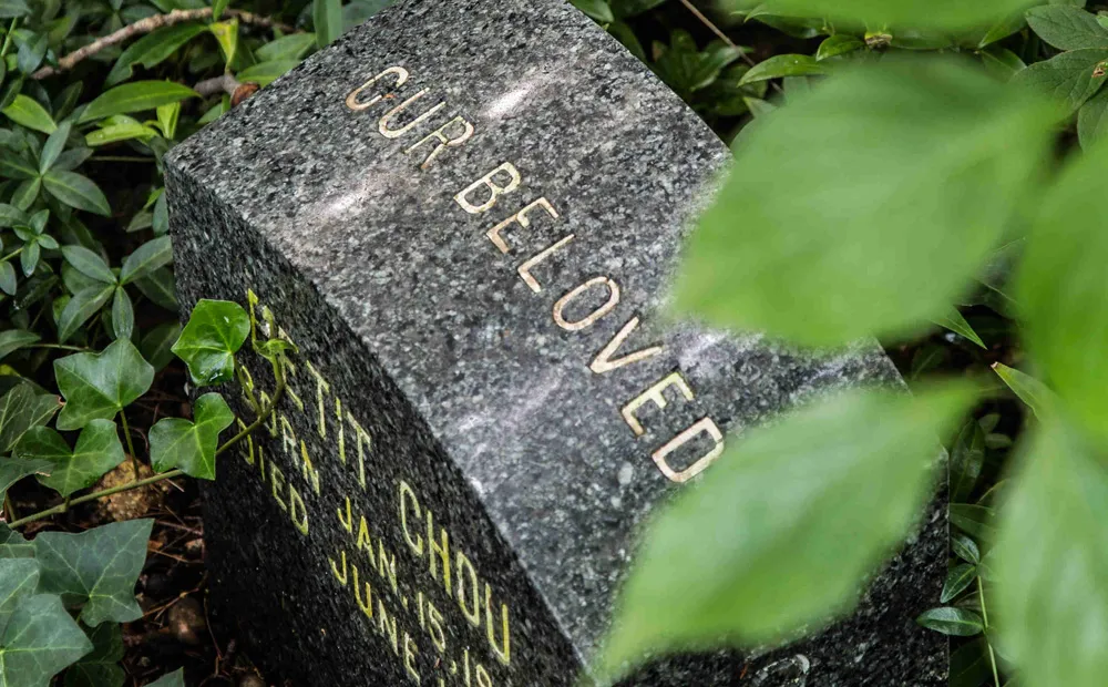 A headstone in the pet cemetery