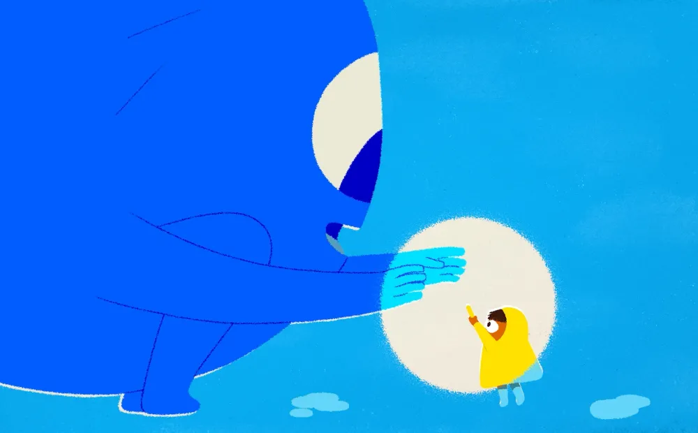 still from animated film with a small child dressed in yellow befriending a large blue creature