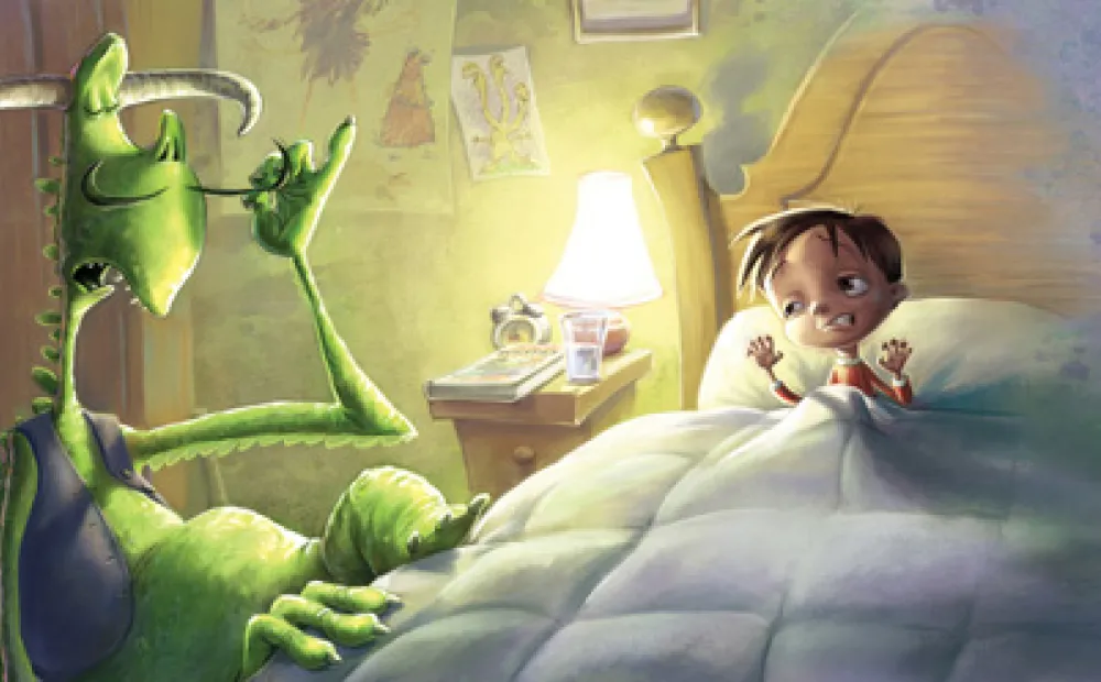 a boy in his bed is smiling and talking with a green monster with a long, thin mustache