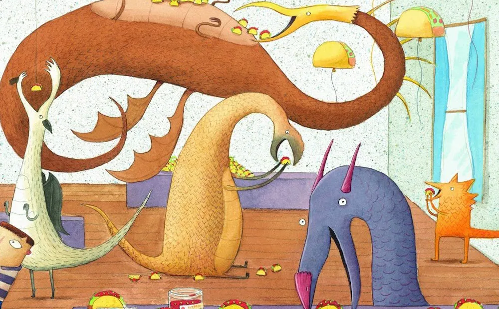 illustration of colorful friendly looking dragons eating tacos