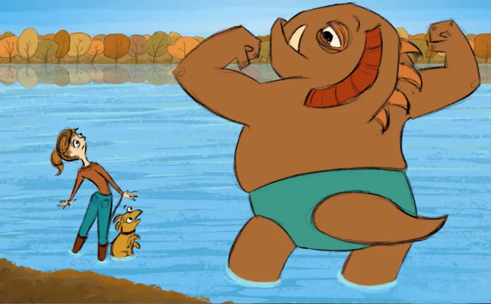 animated film still of a dinosaur-like lake monster standing and flexing its muscles while a woman and her dog look unimpressed