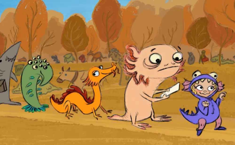 animated film still of a lineup of colorful cartoonish monsters